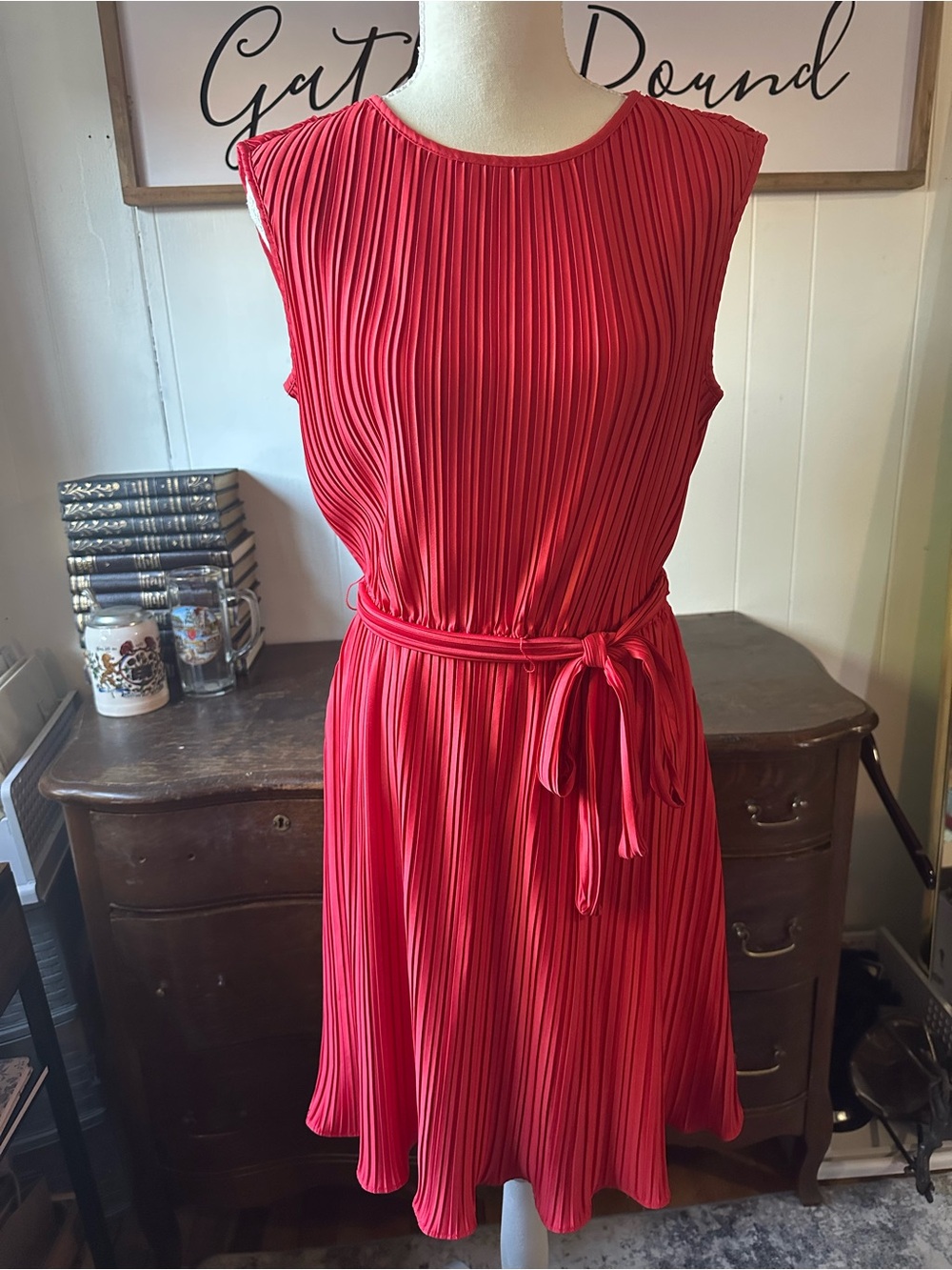 DKNY Red Sleeveless Pleated Midi Dress with Self-Tie Belt